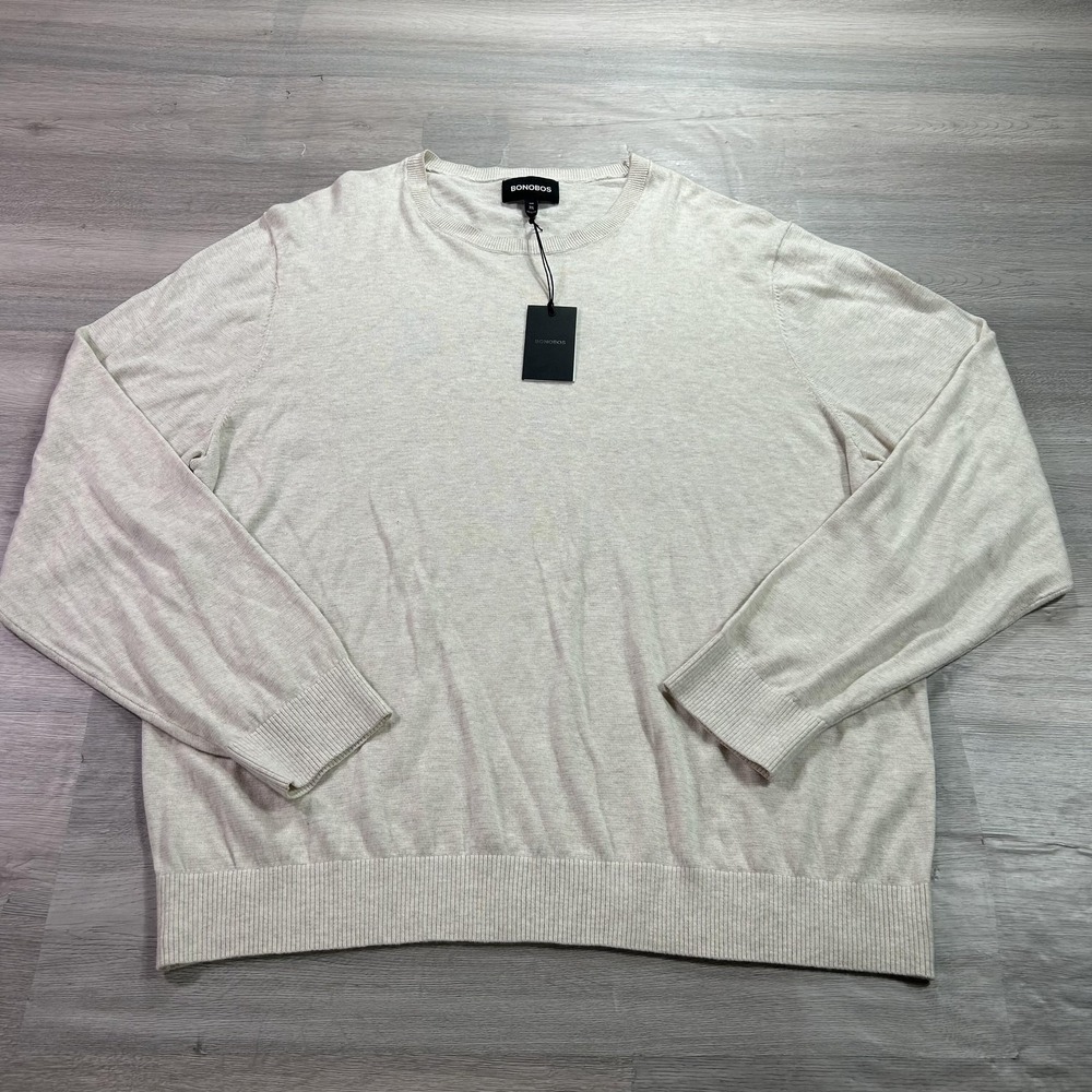 NEW Bonobos Sweater Mens 2XL Beige Cotton Viloft Crewneck Knit Pullover Slim Fit